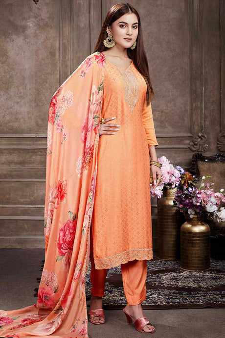 Buy Peach Muslin Embroidered Kurta Suit Set Online