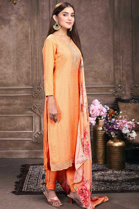 Buy Peach Muslin Embroidered Dress Material Online - Back