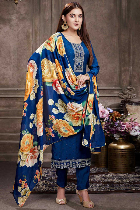 Buy Blue Muslin Embroidered Kurta Suit Set Online