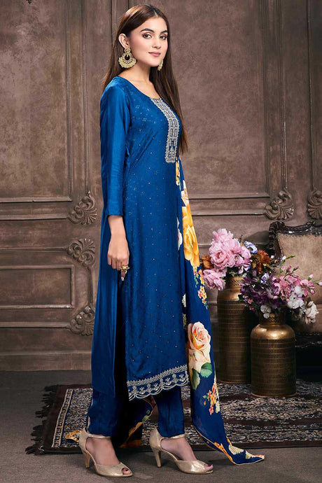 Buy Blue Muslin Embroidered Dress Material Online - Back