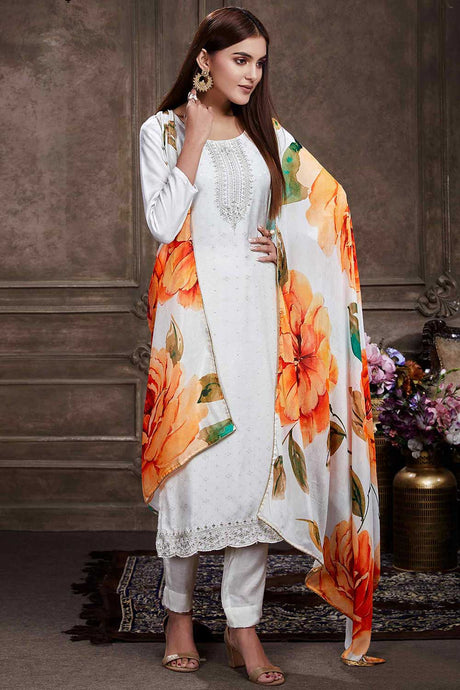 Buy Off White Muslin Embroidered Kurta Suit Set Online