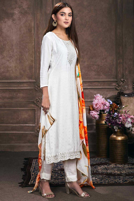 Buy Off White Muslin Embroidered Dress Material Online - Back