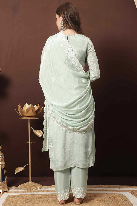 Buy Green Chinon Chiffon Embroidered Dress Material Online - Back