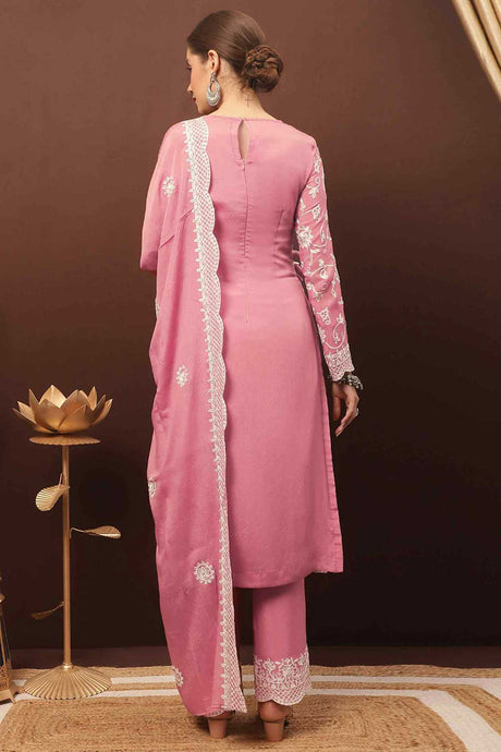 Buy Pink Chinon Chiffon Embroidered Dress Material Online - Back