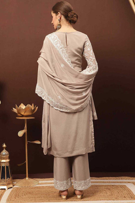 Buy Beige Chinon Chiffon Embroidered Dress Material Online - Back