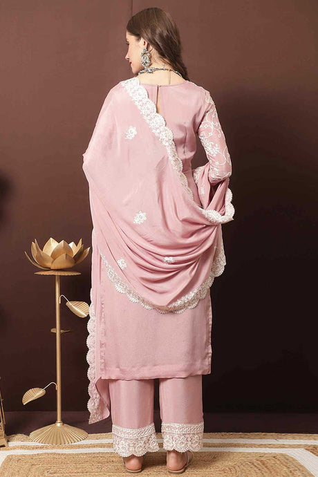 Buy Pink Chinon Chiffon Embroidered Dress Material Online - Back
