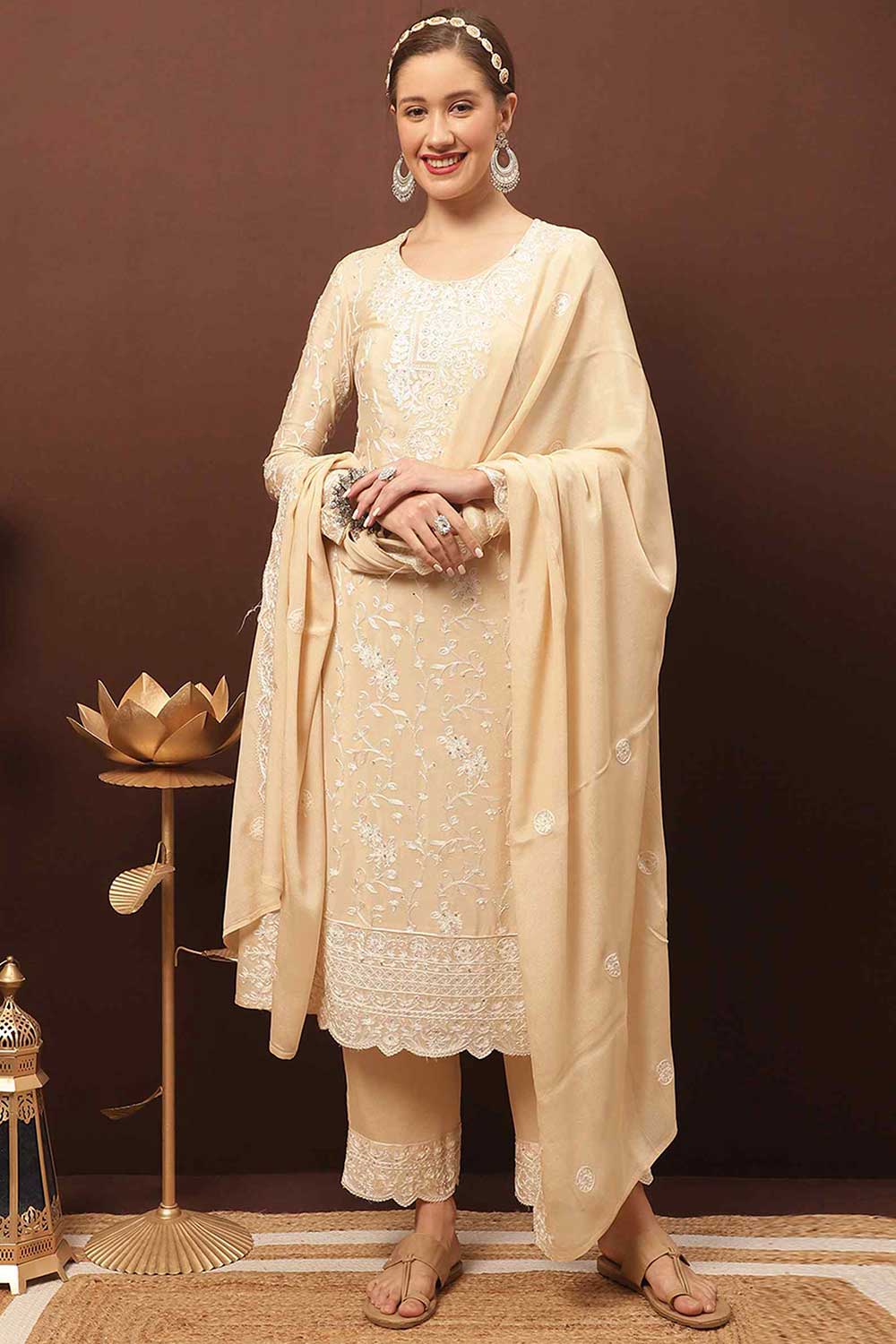 Buy Beige Chinon Chiffon Embroidered Kurta Suit Set Online