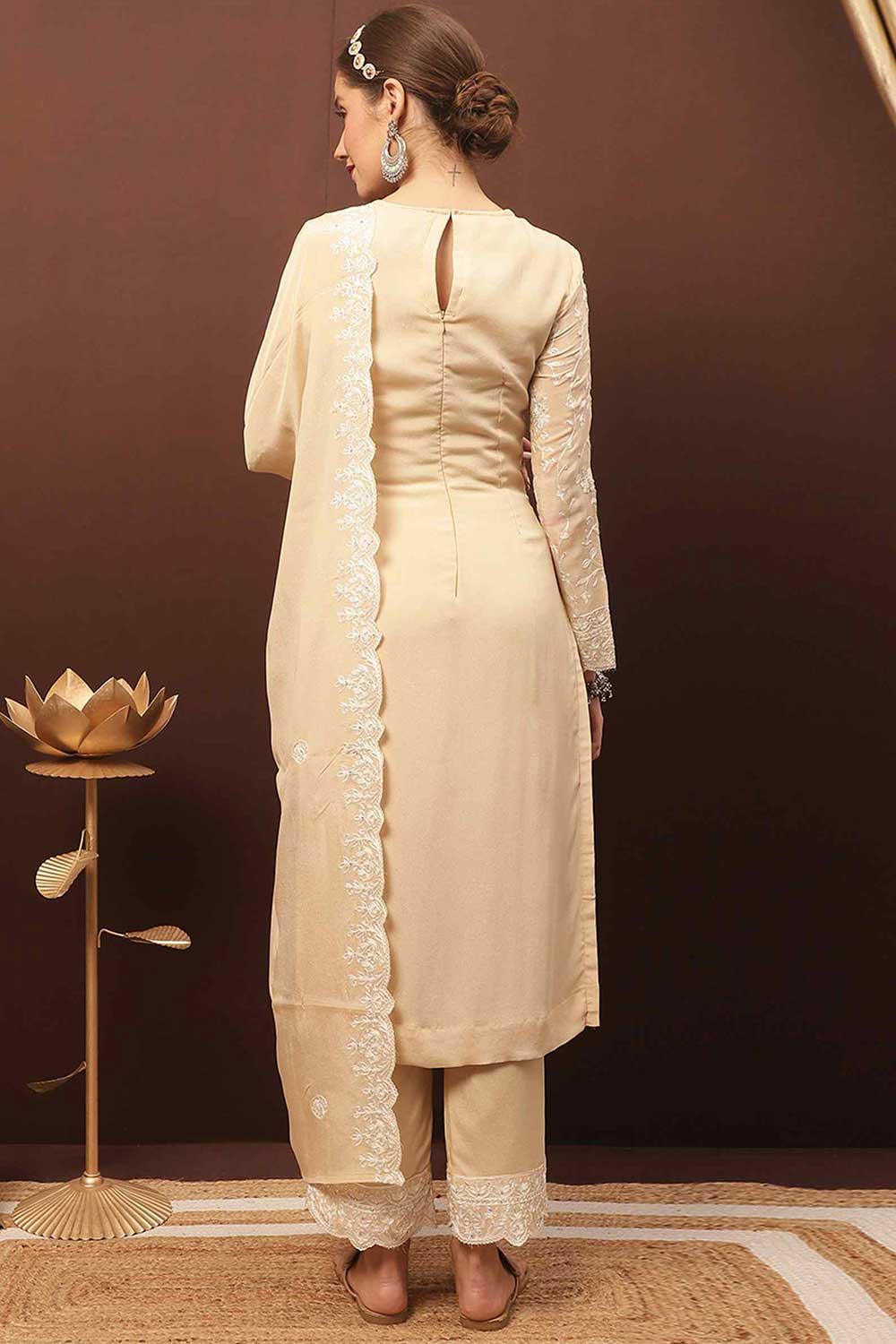 Buy Beige Chinon Chiffon Embroidered Dress Material Online - Back