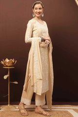 Buy Beige Chinon Chiffon Embroidered Dress Material Online - Front