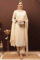 Buy Beige Chinon Chiffon Embroidered Dress Material Online - Side