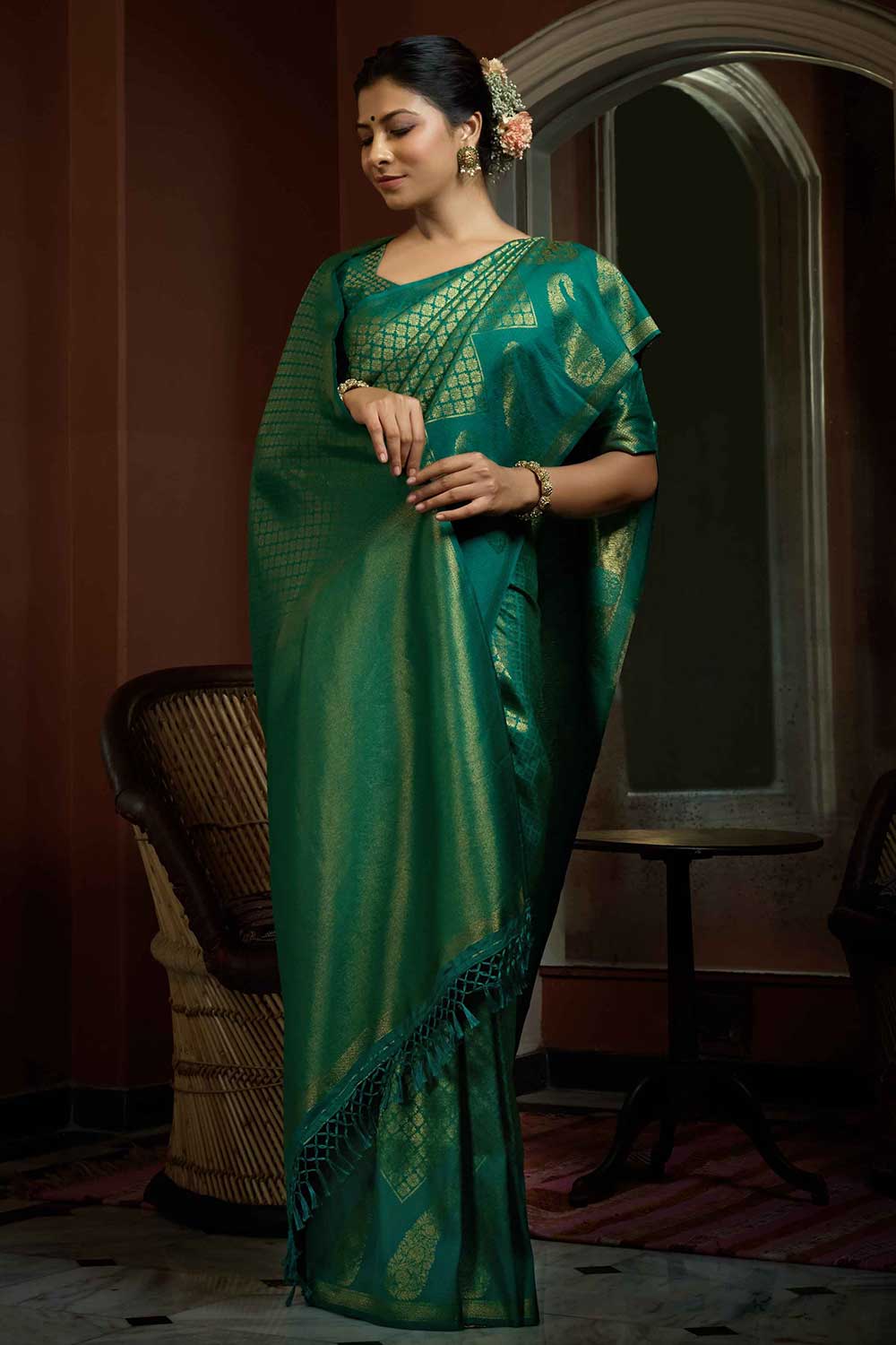 Teal Green Art Silk Woven Saree