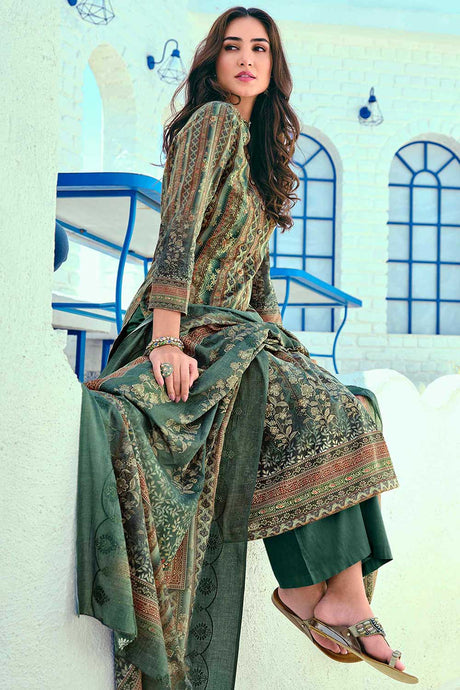 Buy Green Cotton Blend Digital Printed Dress Material Online - Back