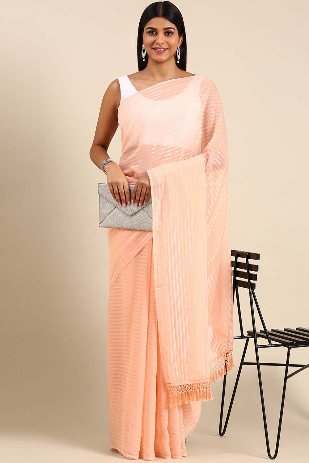 Peach Poly Georgette Striped Embroidered Saree