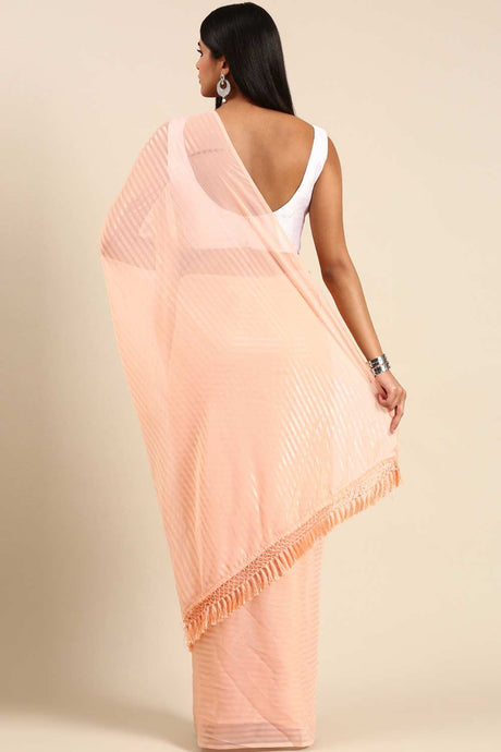 Peach Poly Georgette Striped Embroidered Saree