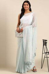 Sea Blue Poly Georgette Striped Embroidered Saree