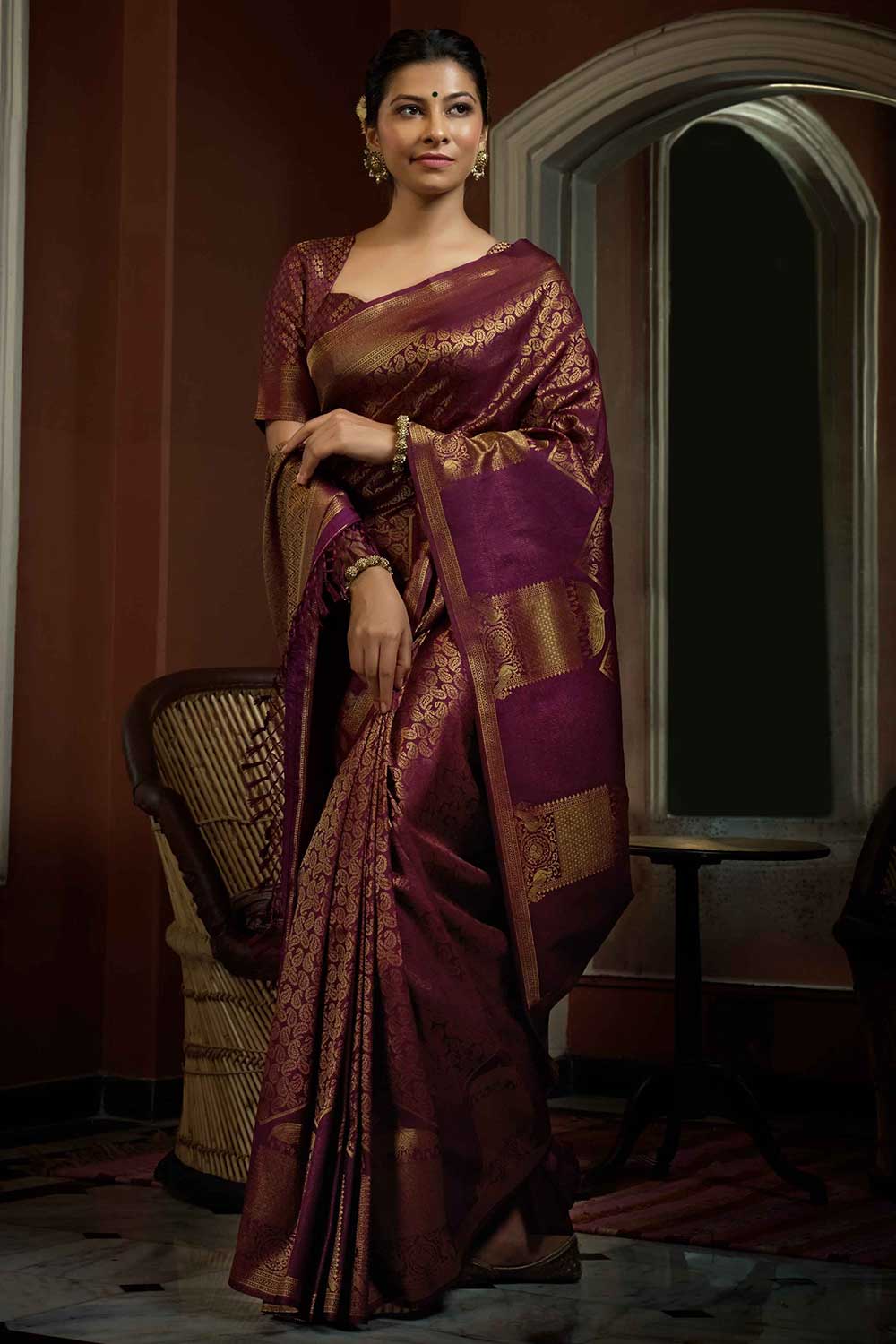 Wine Art Silk Woven Saree