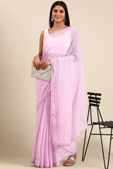 Lavender Poly Georgette Striped Embroidered Saree