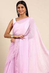 Lavender Poly Georgette Striped Embroidered Saree