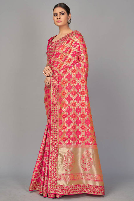 Buy Banarasi Art Silk Woven Saree in Pink - Back