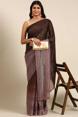 Coffee Brown Poly Georgette Striped Embroidered Saree