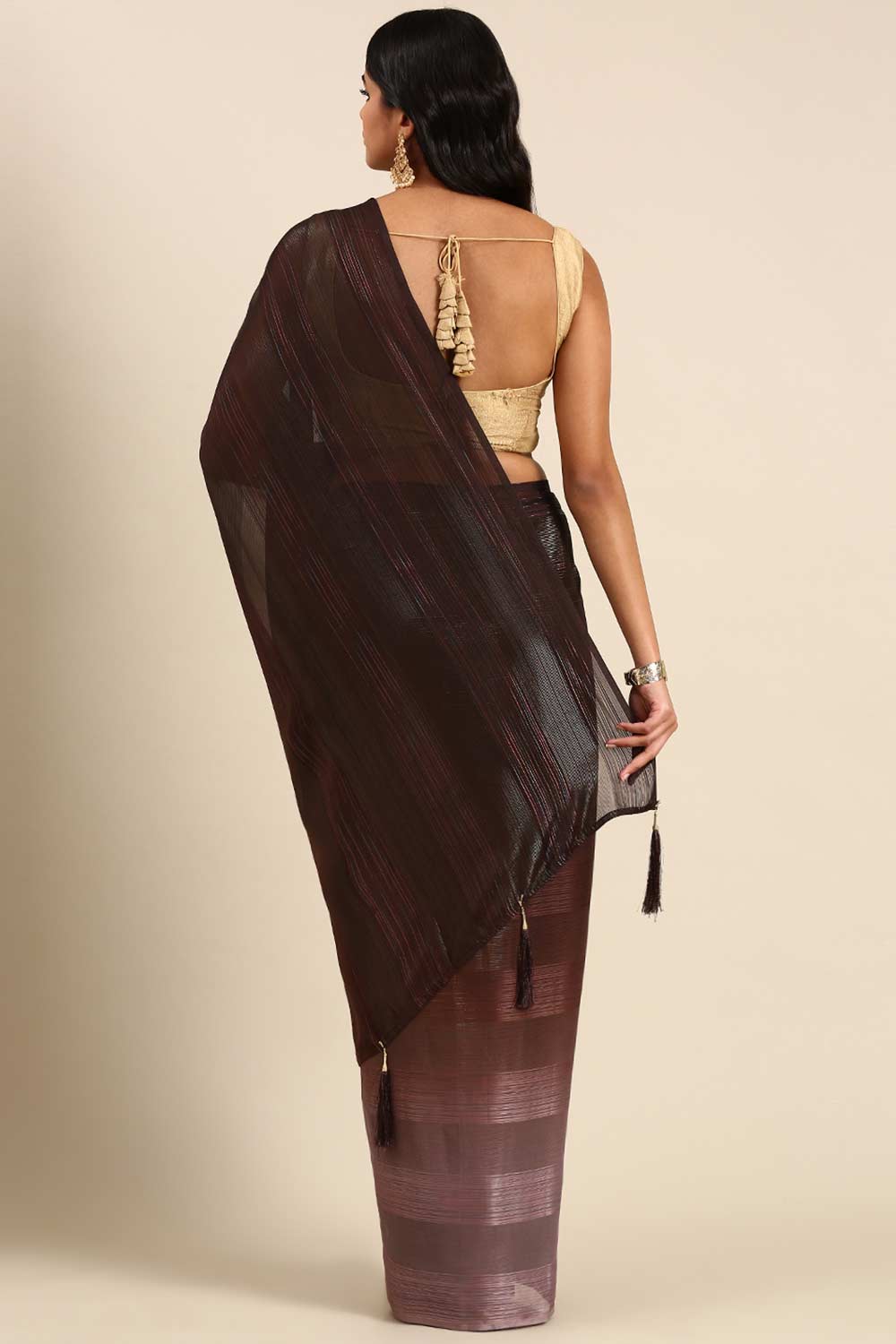 Coffee Brown Poly Georgette Striped Embroidered Saree