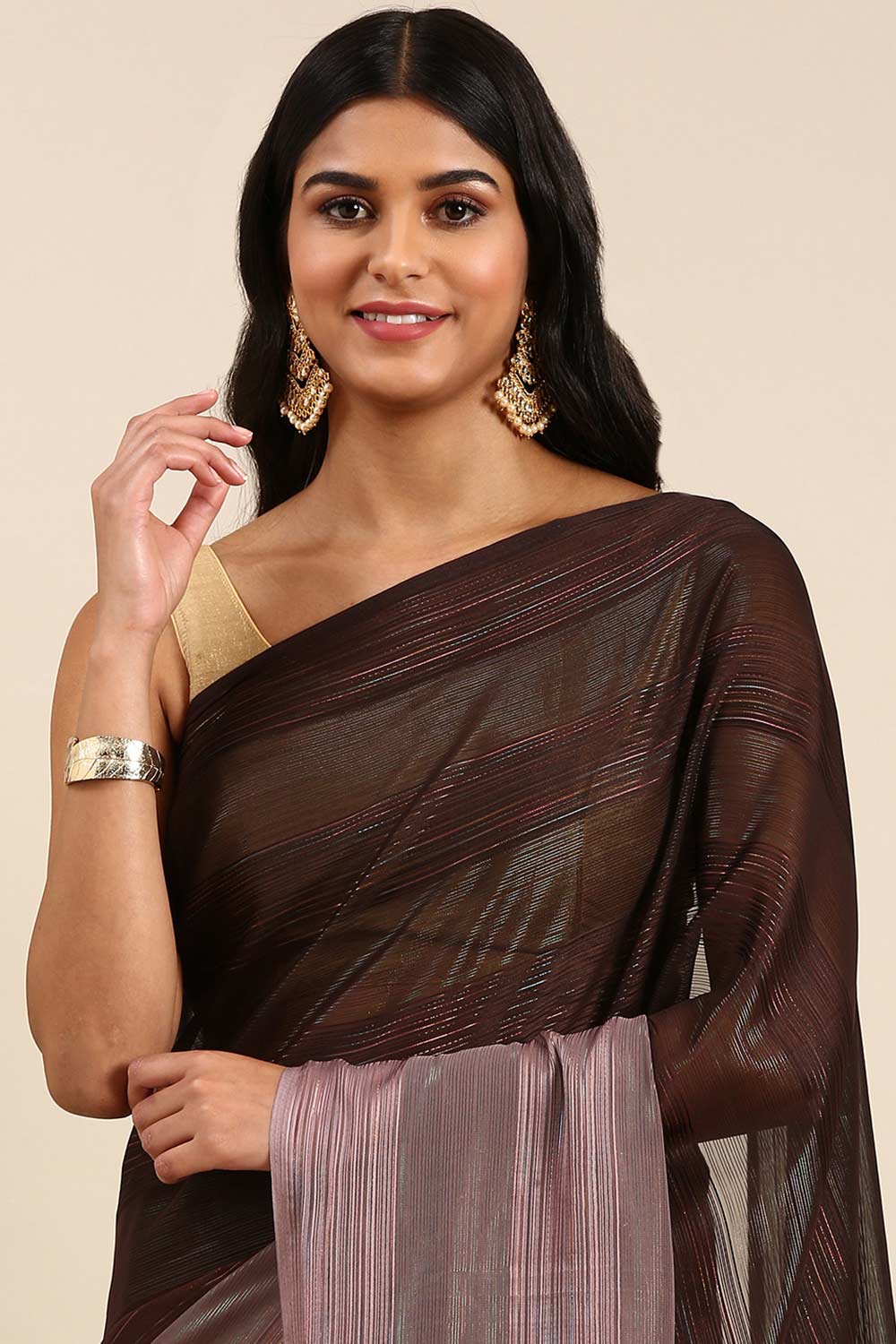 Coffee Brown Poly Georgette Striped Embroidered Saree