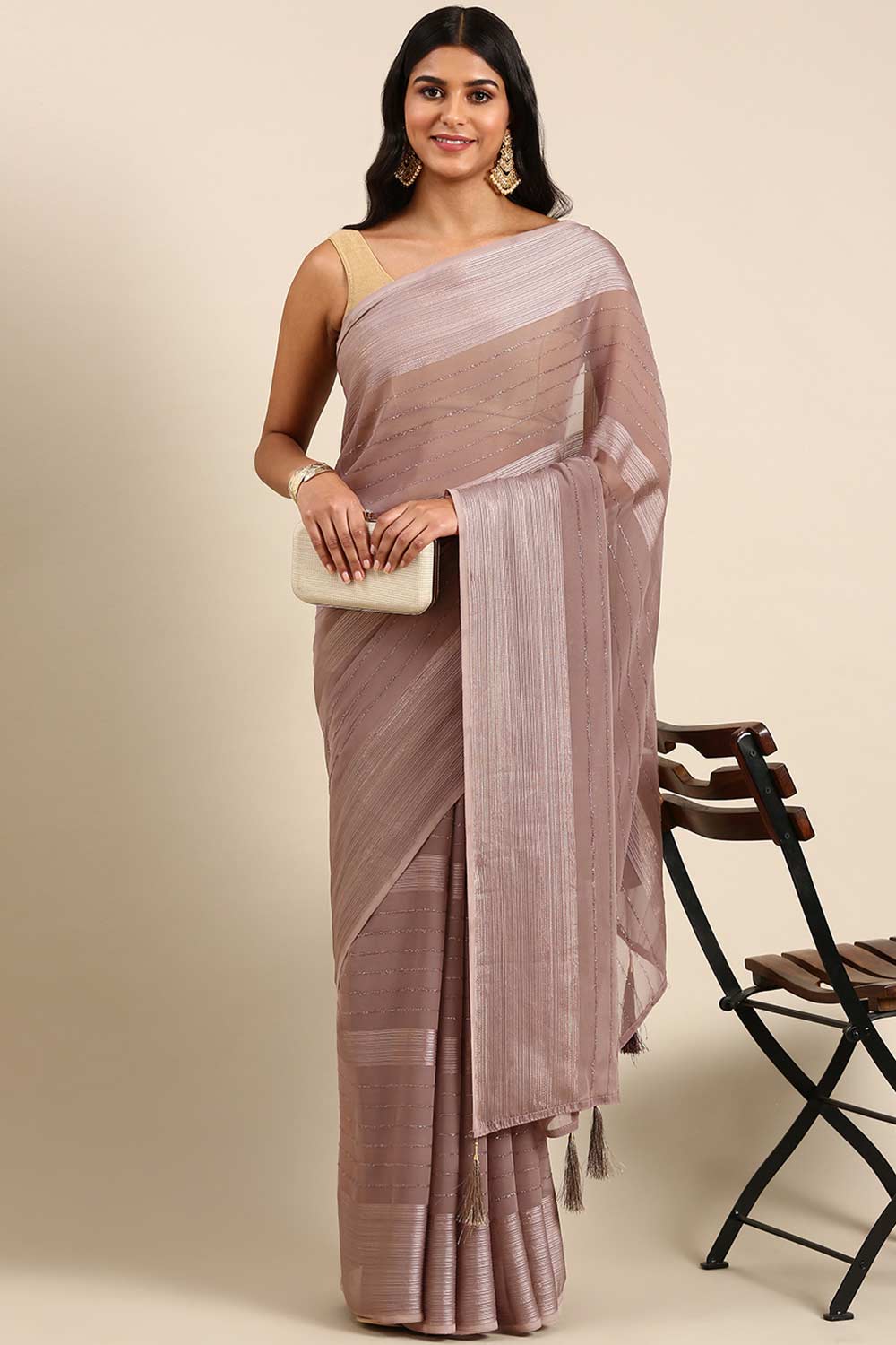 Grey Poly Georgette Striped Embroidered Saree