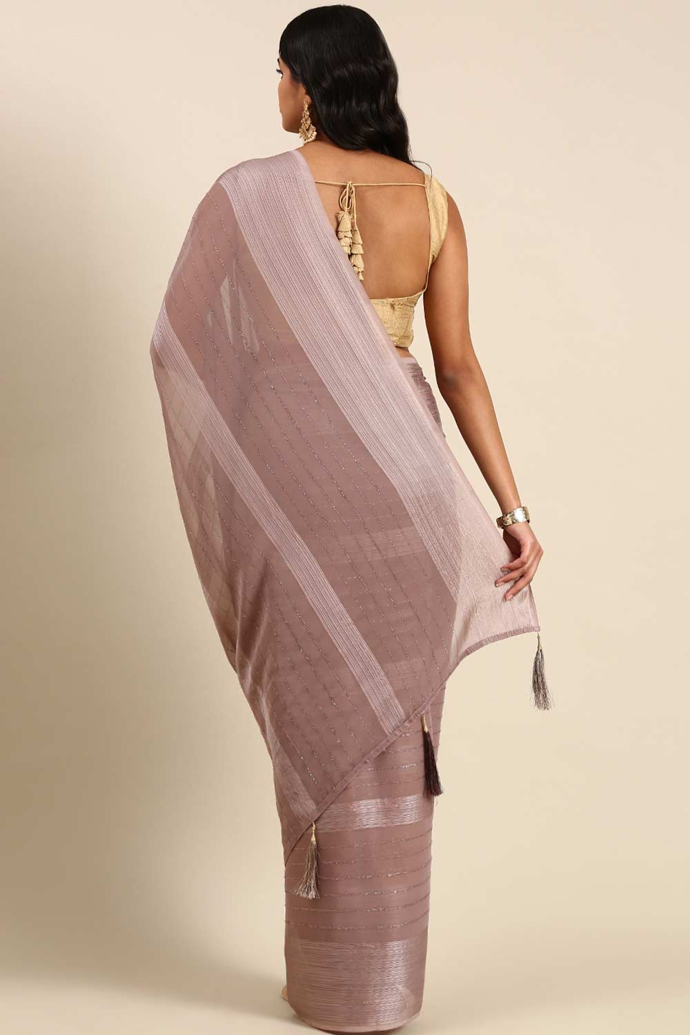 Grey Poly Georgette Striped Embroidered Saree