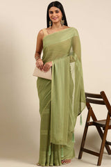 Pista Green Poly Georgette Striped Embroidered Saree