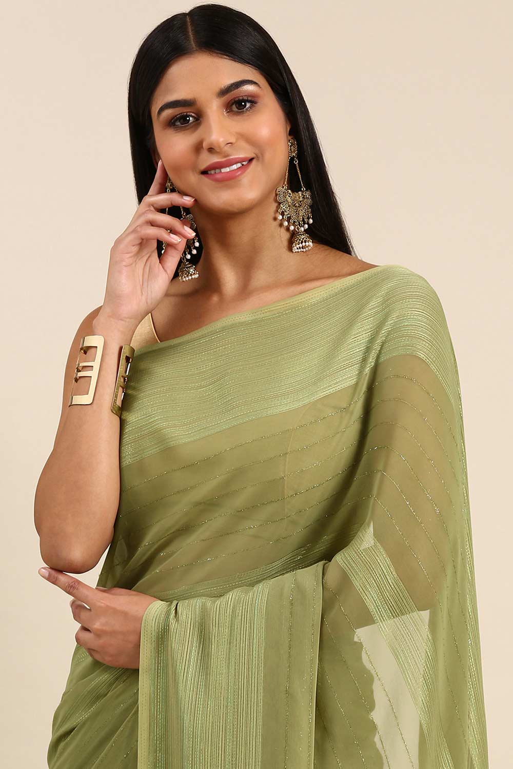 Pista Green Poly Georgette Striped Embroidered Saree