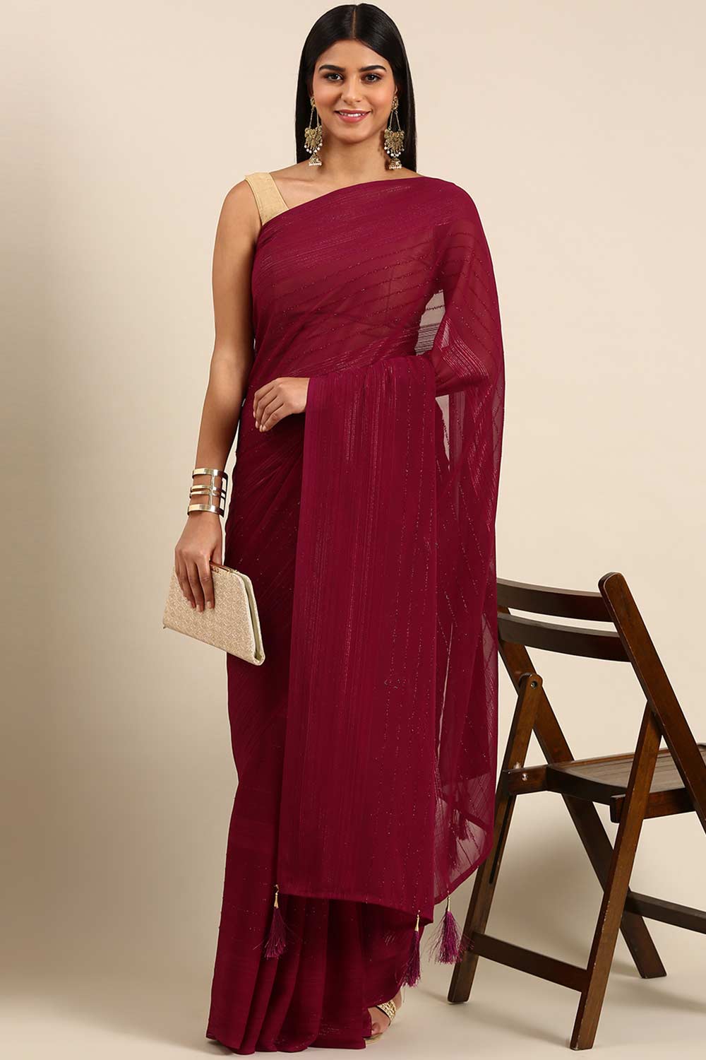 Wine Poly Georgette Striped Embroidered Saree