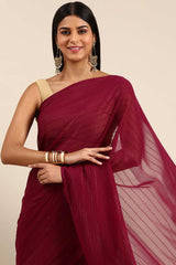 Wine Poly Georgette Striped Embroidered Saree