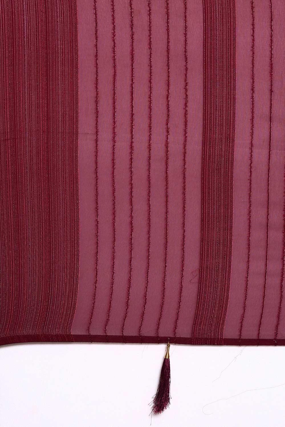 Wine Poly Georgette Striped Embroidered Saree