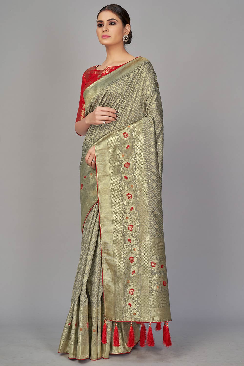 Buy Art Silk Woven Saree in Grey - Back