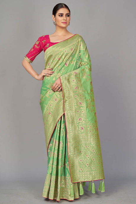 Buy Art Silk Woven Saree in Light Green Online