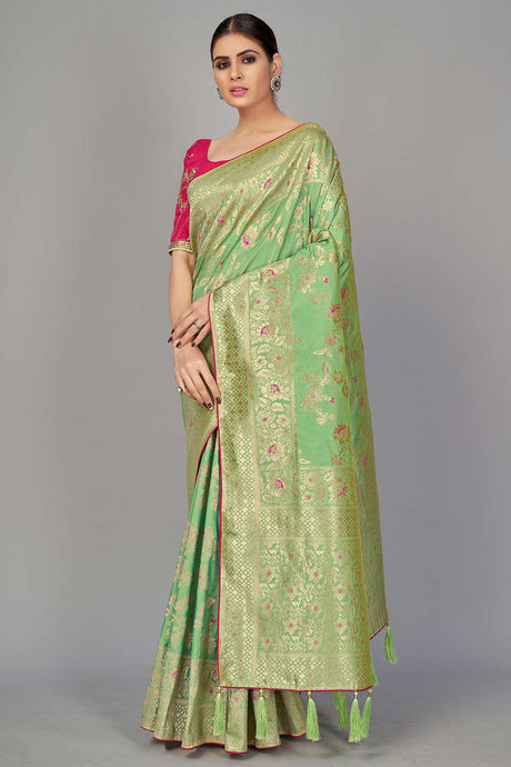 Buy Art Silk Woven Saree in Light Green - Back