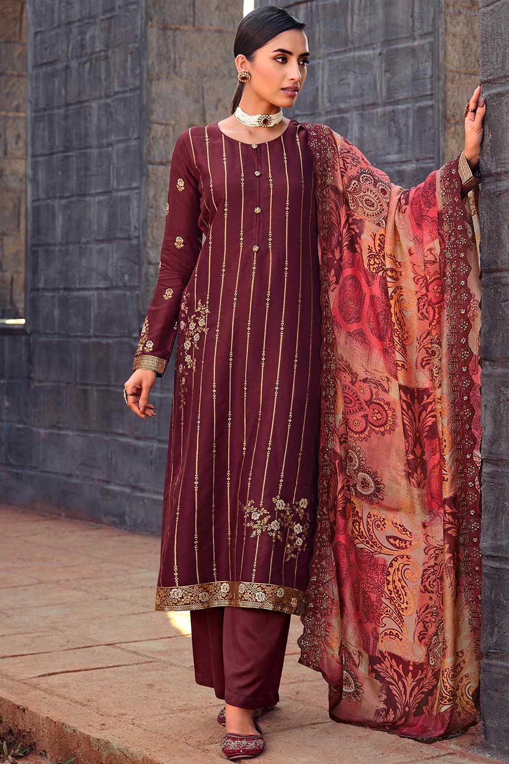 Buy Maroon Dola Silk Embroidered Kurta Suit Set Online