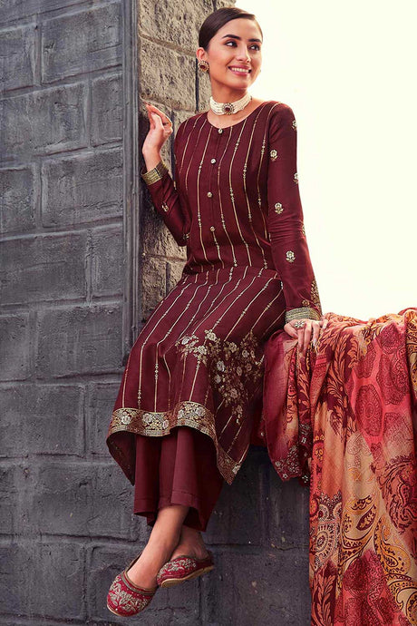 Buy Maroon Dola Silk Embroidered Dress Material Online - Back
