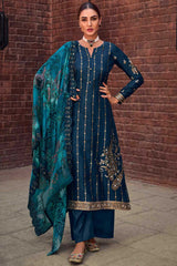 Buy Navy Blue Dola Silk Embroidered Kurta Suit Set Online