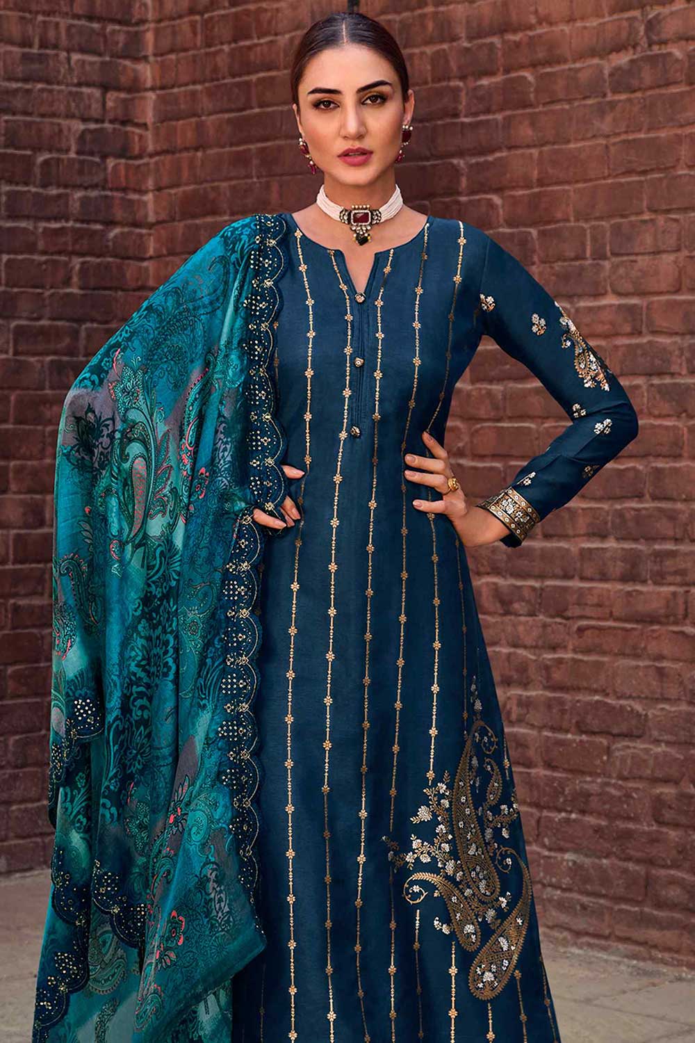 Buy Navy Blue Dola Silk Embroidered Dress Material Online - Side