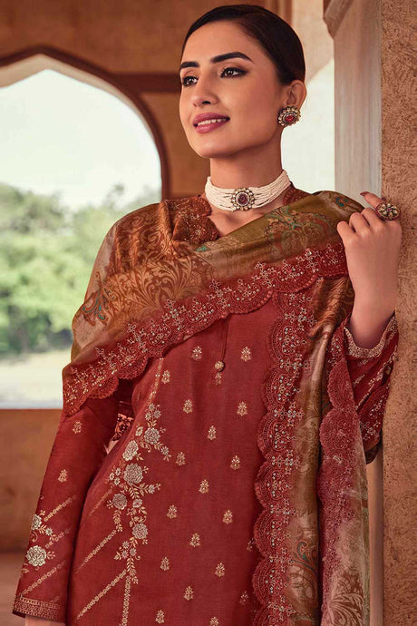 Buy Rust Dola Silk Embroidered Dress Material Online - Back