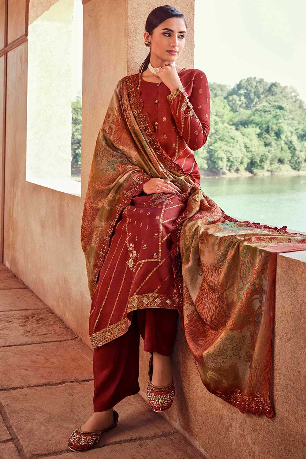 Buy Rust Dola Silk Embroidered Dress Material Online - Front