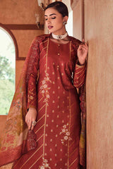 Buy Rust Dola Silk Embroidered Dress Material Online - Side