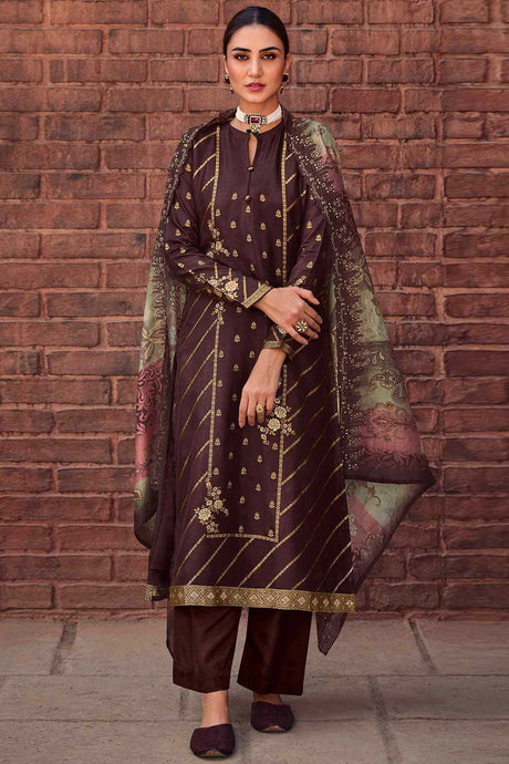 Buy Brown Dola Silk Embroidered Kurta Suit Set Online