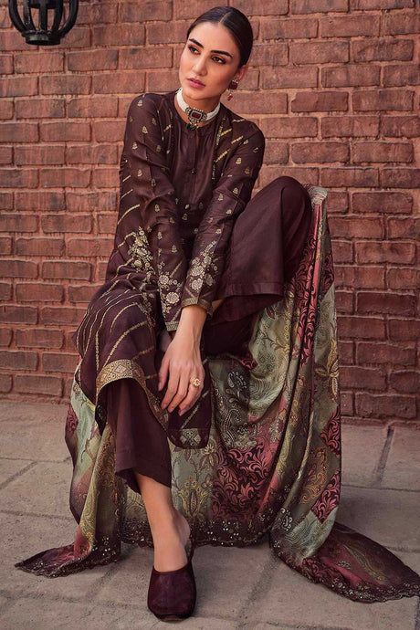 Buy Brown Dola Silk Embroidered Dress Material Online - Back