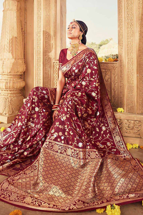 Buy Banarasi Art Silk Woven Saree in Maroon - Back