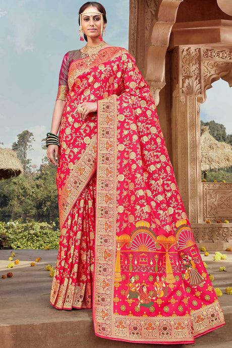 Buy Banarasi Art Silk Woven Saree in Rani Pink Online
