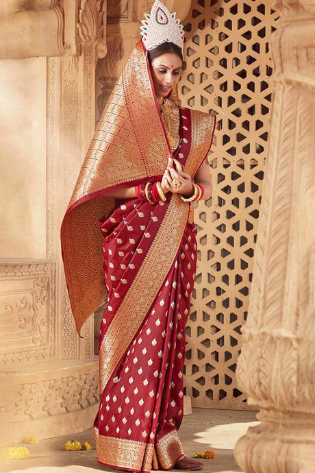 Buy Banarasi Art Silk Woven Saree in Maroon - Back