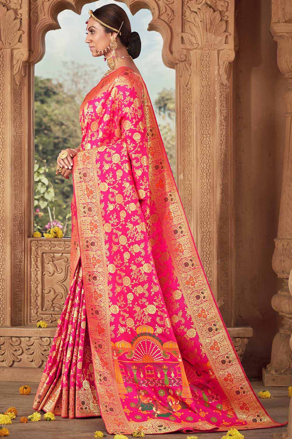 Buy Banarasi Art Silk Woven Saree in Pink - Back