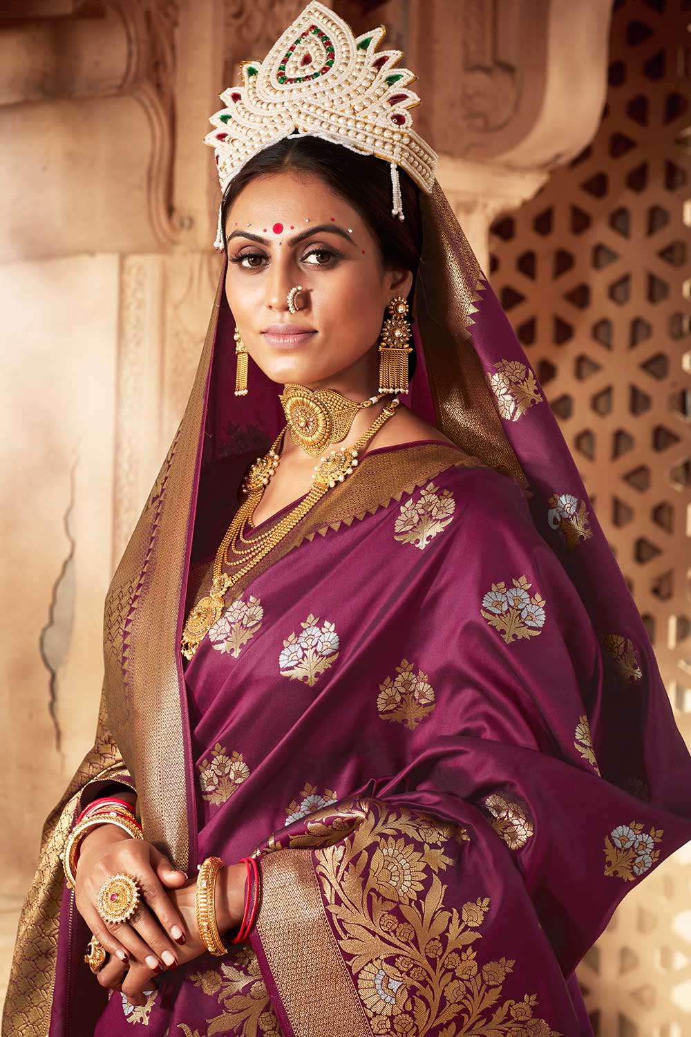 Buy Banarasi Art Silk Woven Saree in Wine - Back